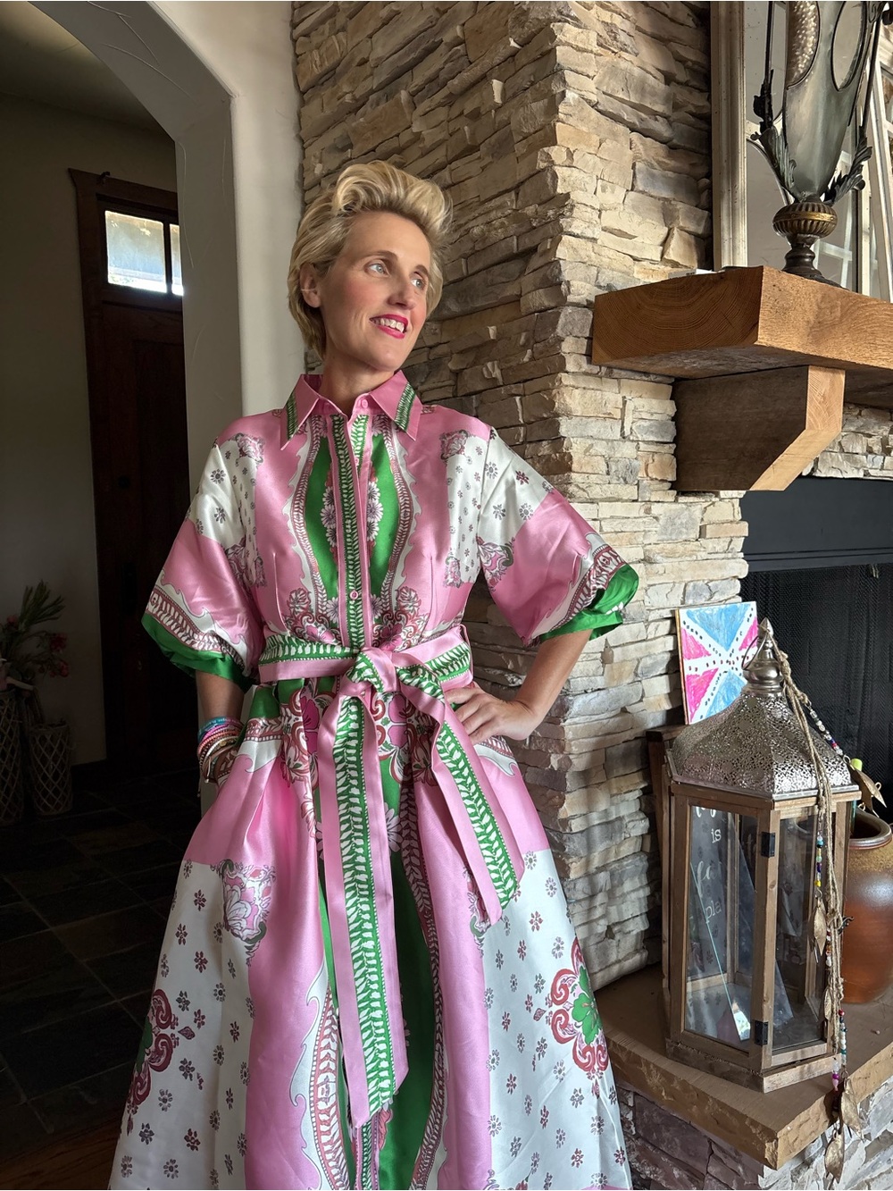 NWT, Pink and Green Satin Maxi Shirt Dress with Removable Tie Belt, Designer